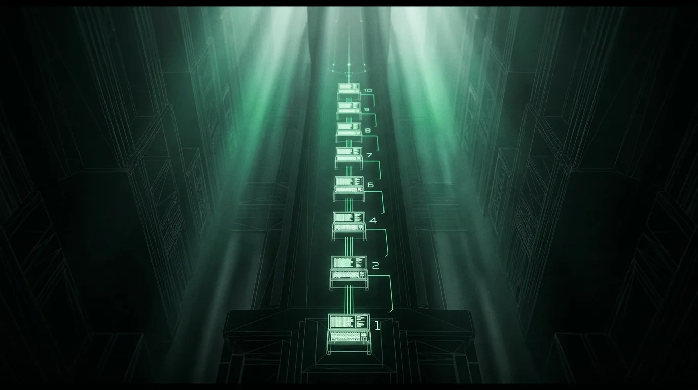The ten-phase AIIP install visualized as a luminous emerald pathway ascending through a dark data cathedral