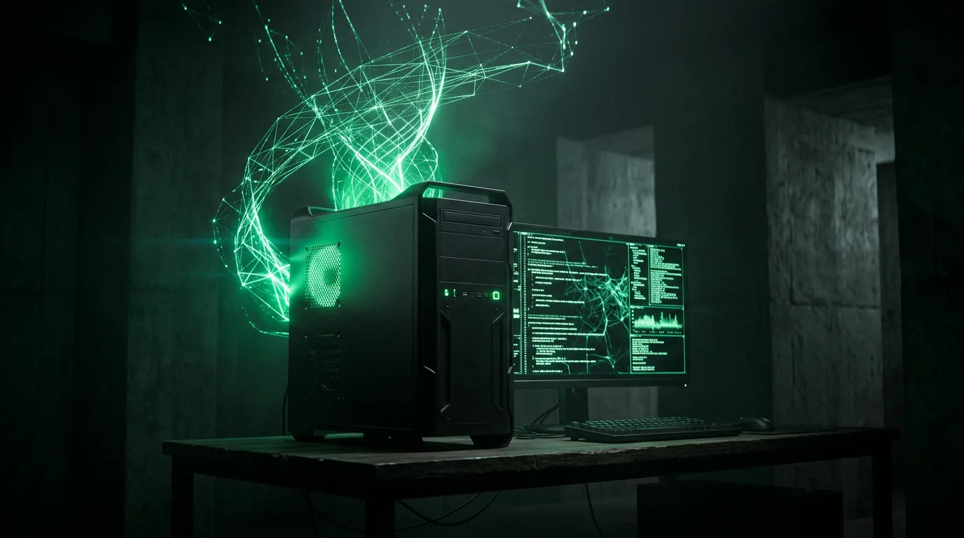 A matte-black workstation on a dark desk emitting emerald light and a holographic data lattice — sovereign local AI hardware